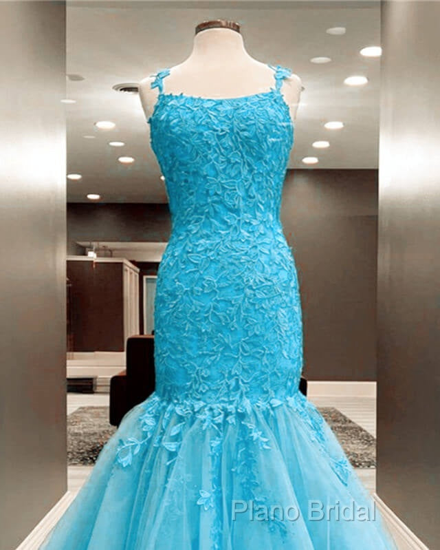 Mermaid Ice Blue Formal Prom Dresses Lace Embroidery