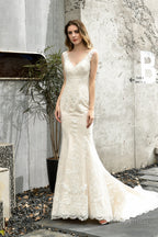 Mermaid Ivory V neck Lace Wedding Dresses with Ruffless Train