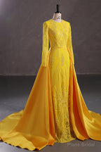 Mermaid Jewel Lace Sequined Floor-length Long Sleeve Detachable Train Elegant Prom Dress