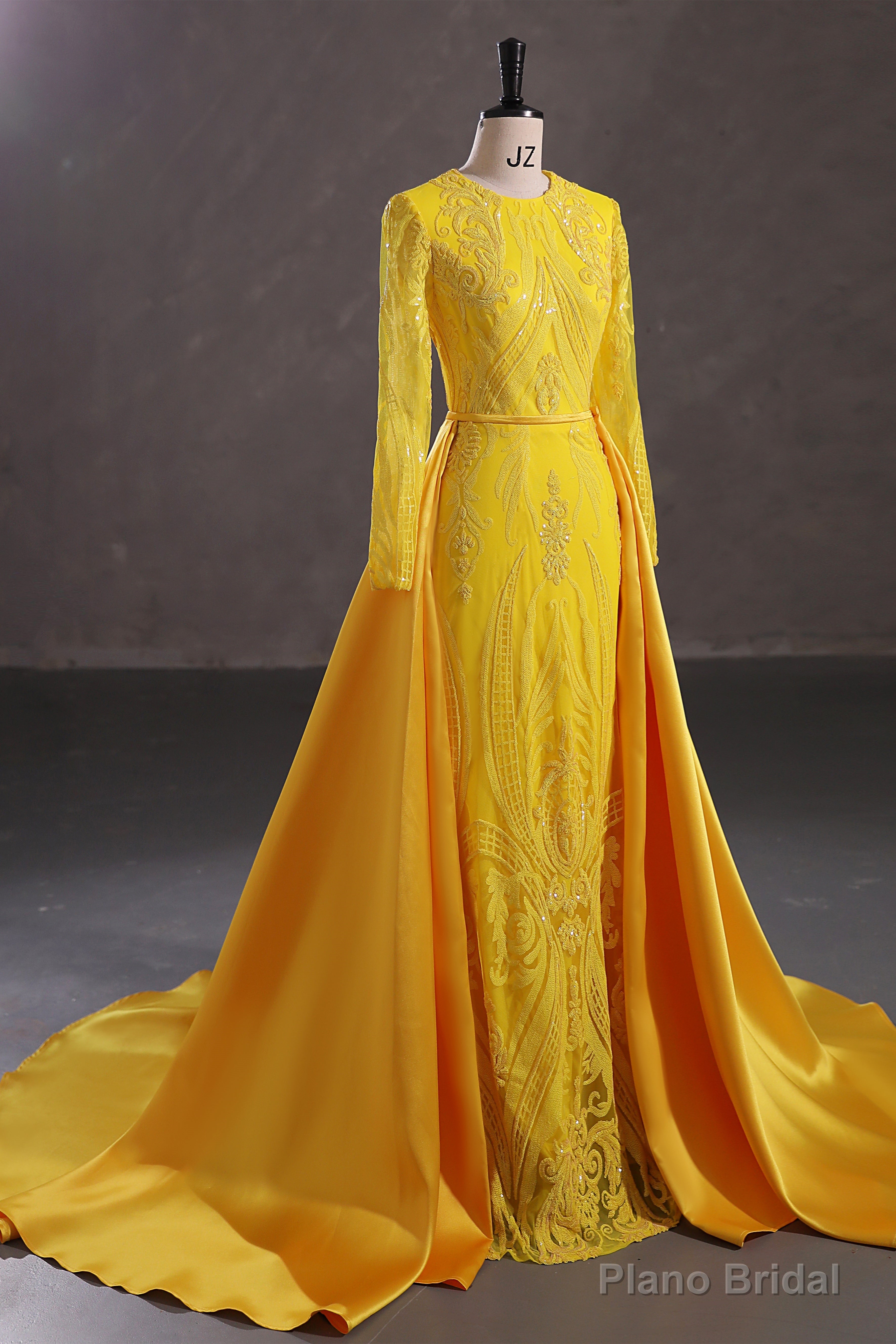 Mermaid Jewel Lace Sequined Floor-length Long Sleeve Detachable Train Elegant Prom Dress