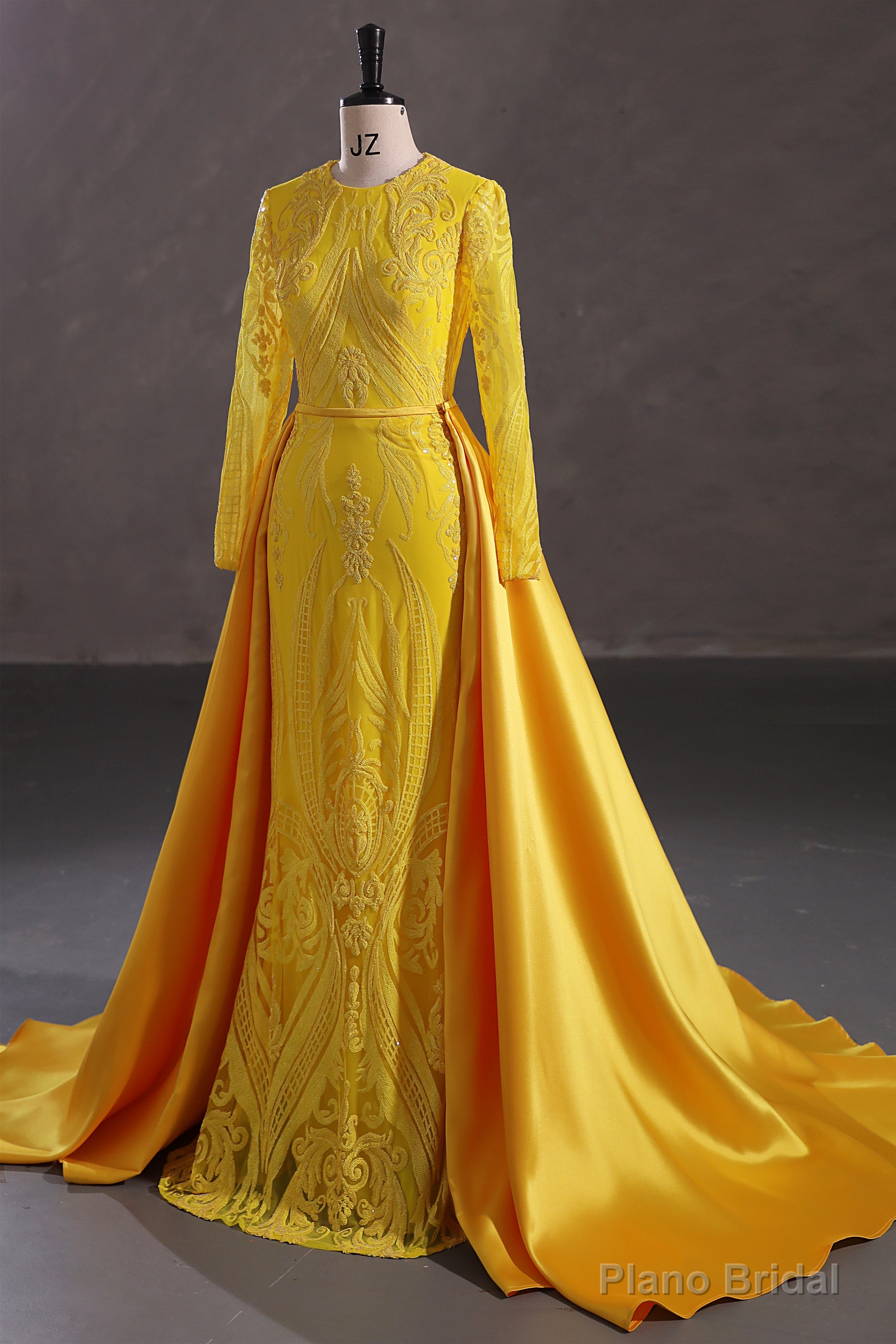 Mermaid Jewel Lace Sequined Floor-length Long Sleeve Detachable Train Elegant Prom Dress