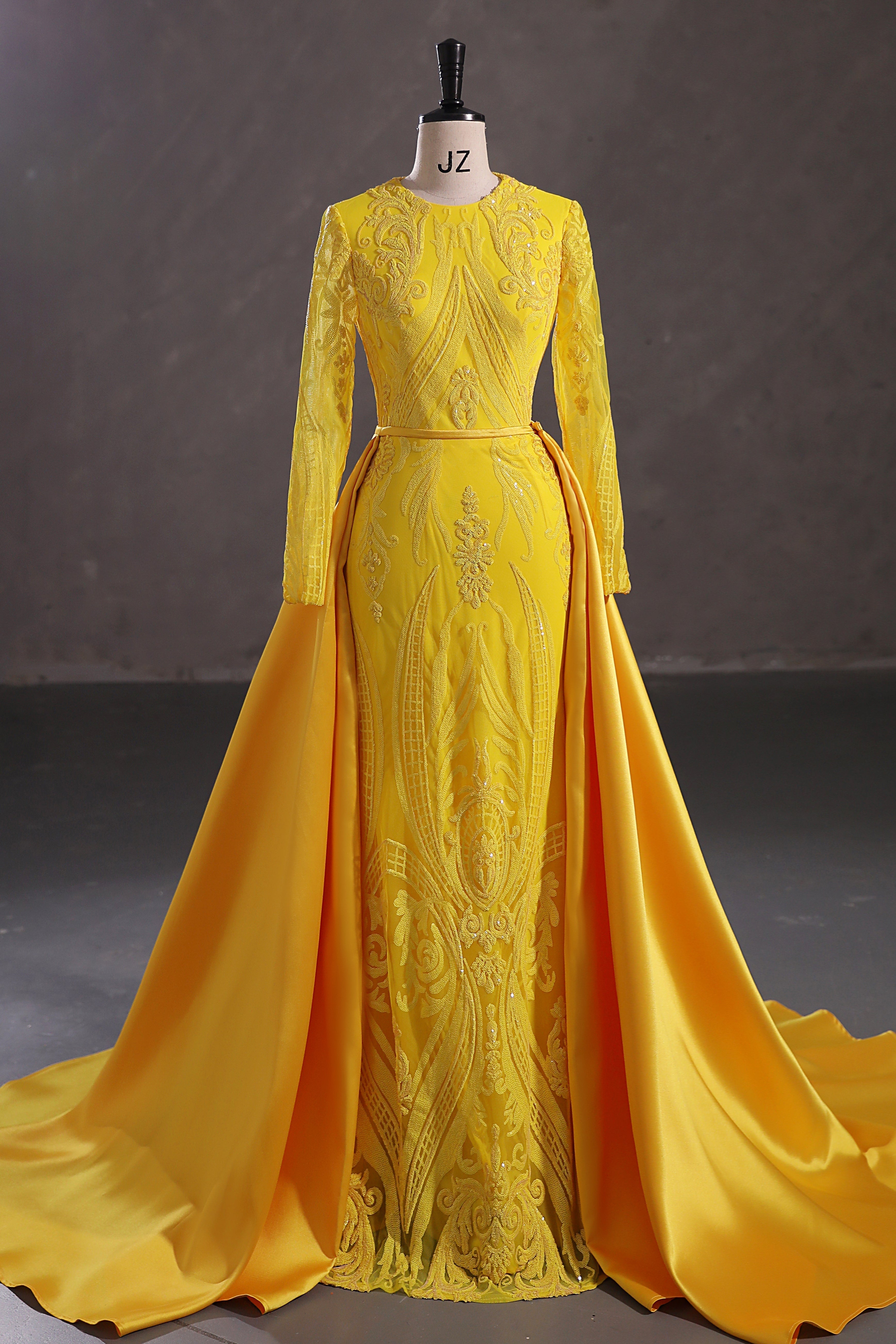 Mermaid Jewel Lace Sequined Floor-length Long Sleeve Detachable Train Elegant Prom Dress