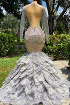 Mermaid Jewel Lace Sequined Open Back Floor-length Long Sleeve Lace Beading Formal Prom Dress With Feather