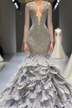 Mermaid Jewel Lace Sequined Open Back Floor-length Long Sleeve Lace Beading Formal Prom Dress With Feather
