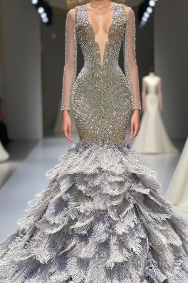 Mermaid Jewel Lace Sequined Open Back Floor-length Long Sleeve Lace Beading Formal Prom Dress With Feather