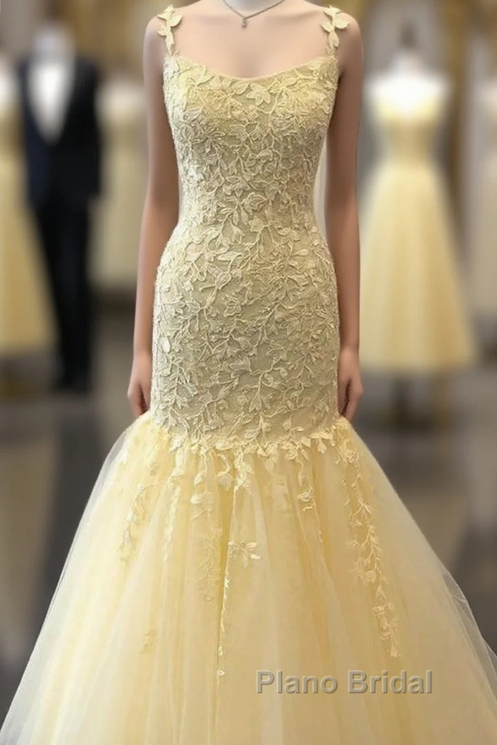 Mermaid Long Formal Prom Dresses, Yellow Lace Formal Prom Dresses, Modest Evening Party Dresses Main image