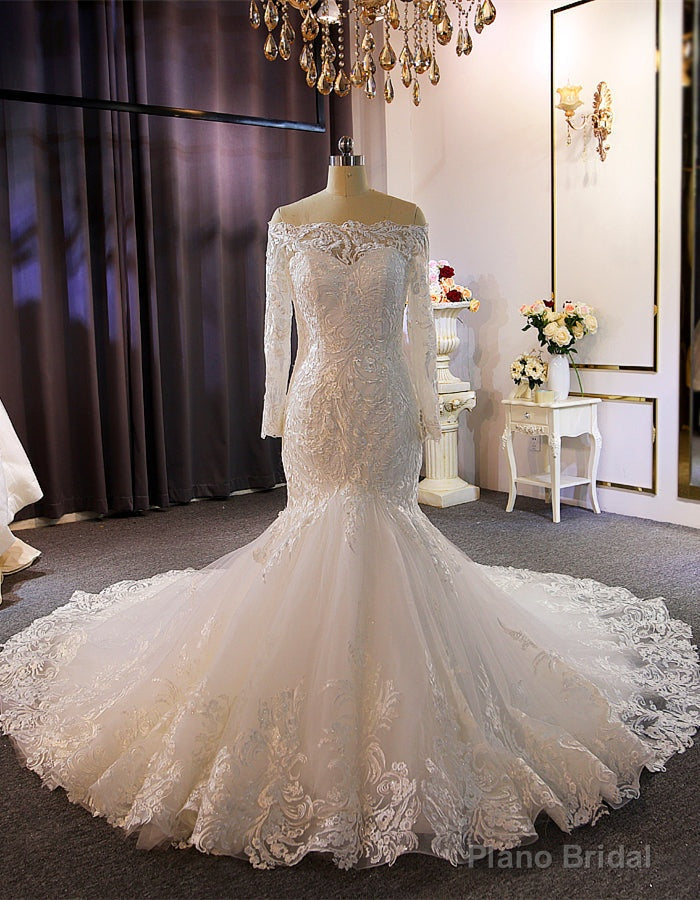 Mermaid Long Sleeve Off the Shoulder Appliques Wedding Dress Main image
