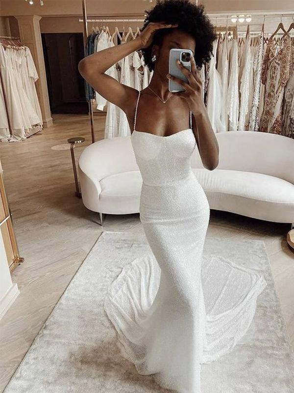 Mermaid Modest Spaghetti Straps Sparkly Long Beach Formal Prom Dresses Main image
