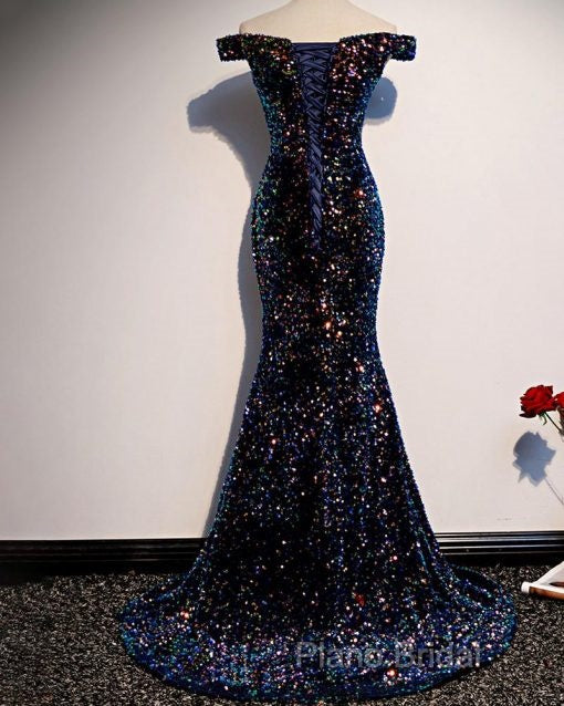Mermaid Navy Blue Sequins Formal Dresses With Off The Shoulder Top Formal Prom Dresses Formal Dresses Secondary image
