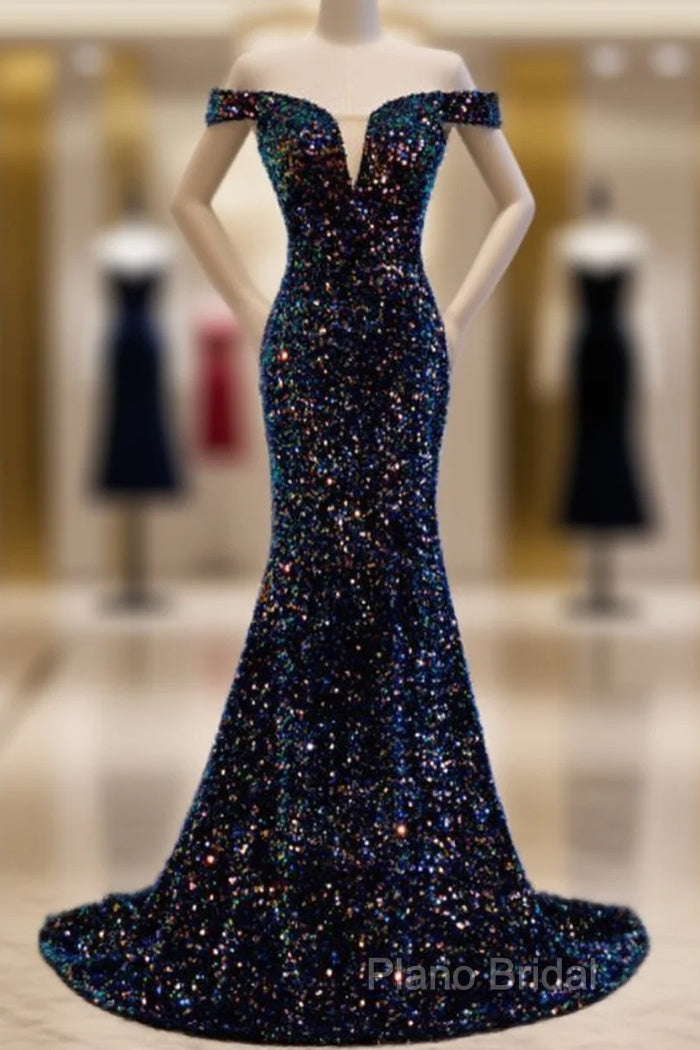 Mermaid Navy Blue Sequins Formal Dresses With Off The Shoulder Top Formal Prom Dresses Formal Dresses Main image