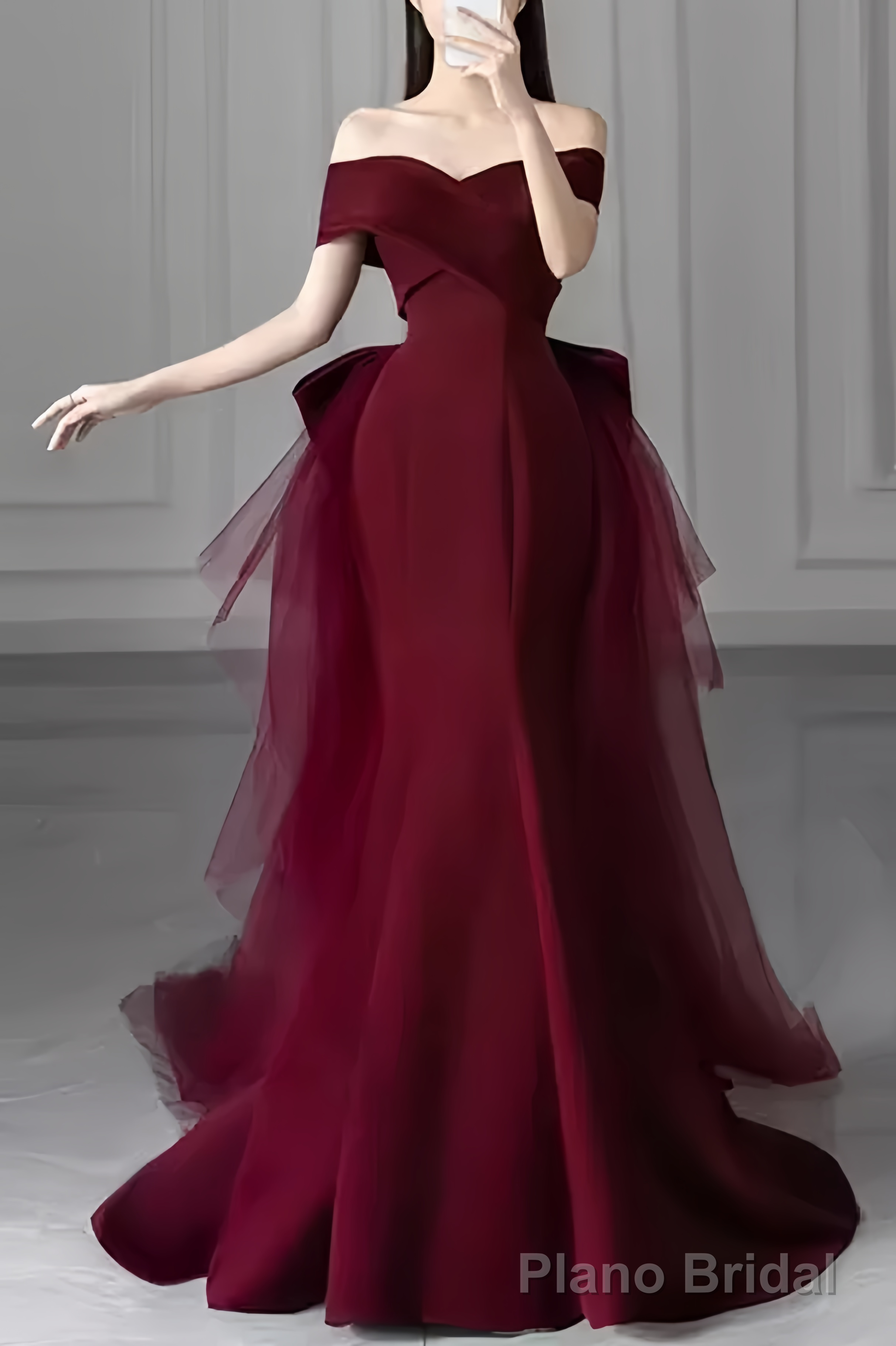 Mermaid Off Shoulder Evening Dress with Bow Burgundy Prom Dress Main image