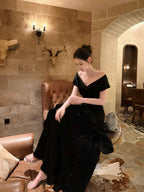 Mermaid Off Shoulder Floor Length Satin Black Formal Prom Dresses