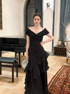 Mermaid Off Shoulder Floor Length Satin Black Formal Prom Dresses