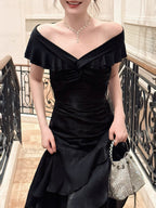 Mermaid Off Shoulder Floor Length Satin Black Formal Prom Dresses
