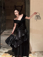 Mermaid Off Shoulder Floor Length Satin Black Formal Prom Dresses