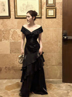Mermaid Off Shoulder Floor Length Satin Black Formal Prom Dresses