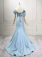 Mermaid Off Shoulder Satin Blue Long Formal Prom Dresses, Blue Long Prom Dresses