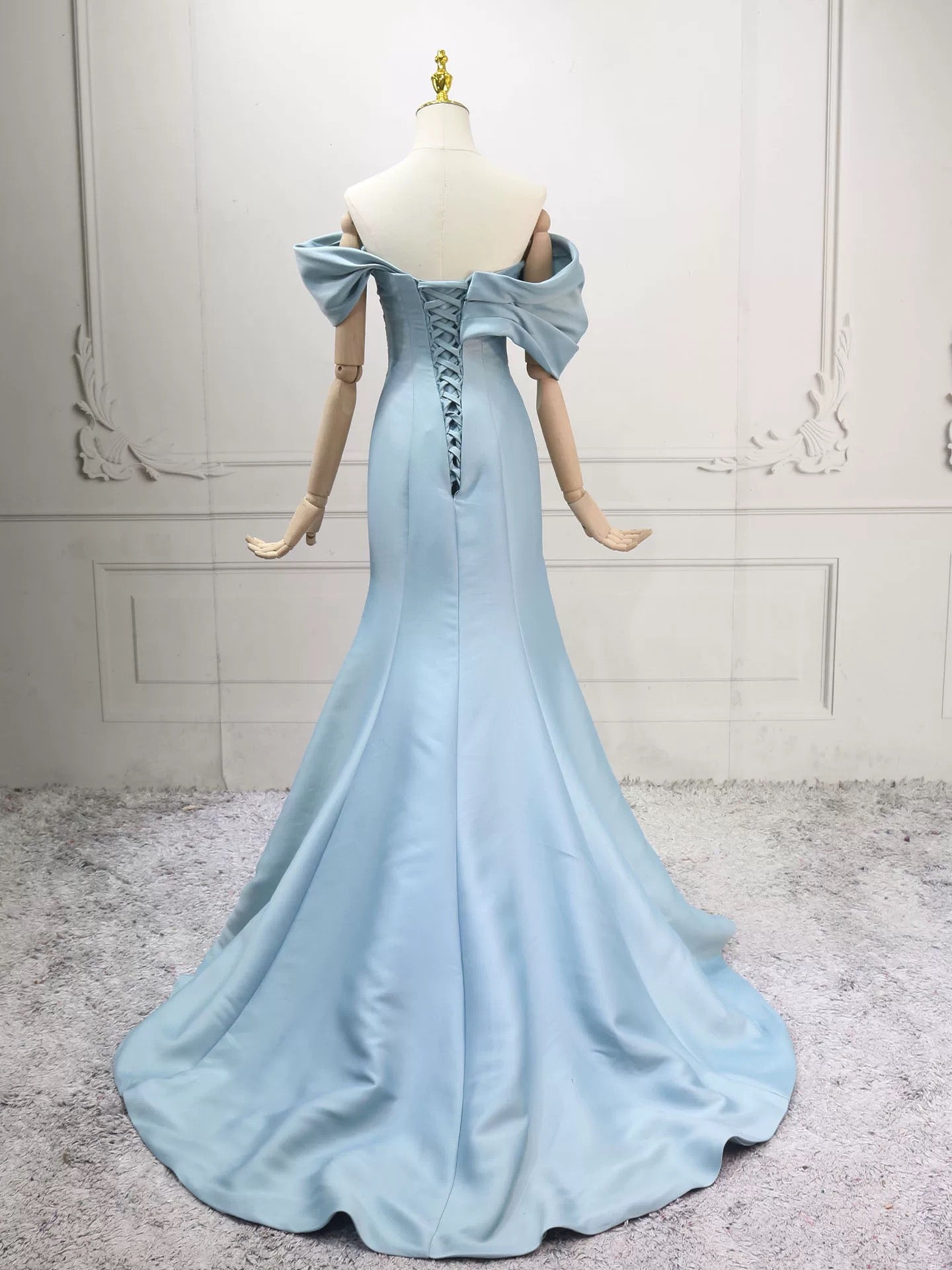 Mermaid Off Shoulder Satin Blue Long Formal Prom Dresses, Blue Long Prom Dresses