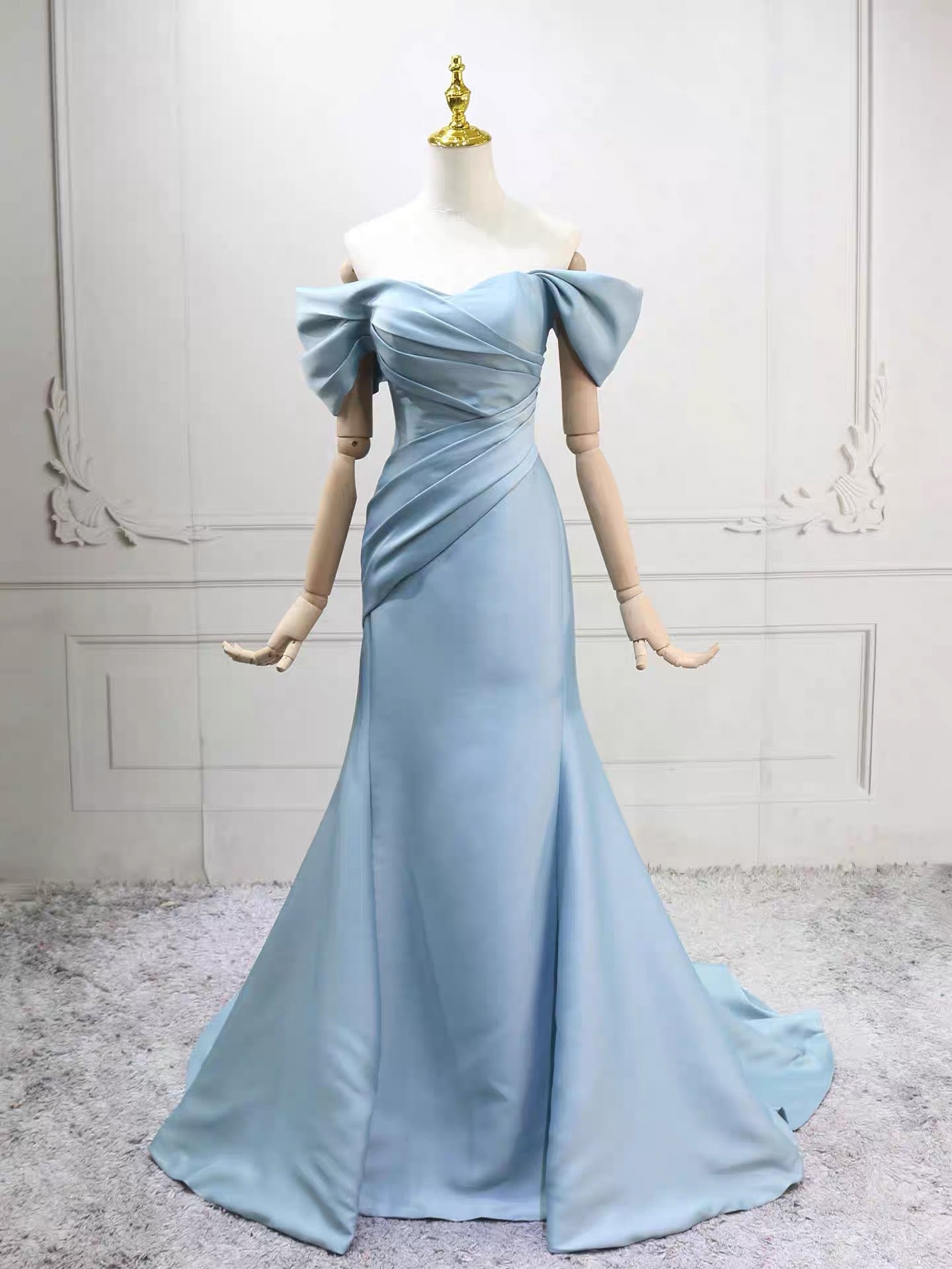 Mermaid Off Shoulder Satin Blue Long Formal Prom Dresses, Blue Long Prom Dresses Main image