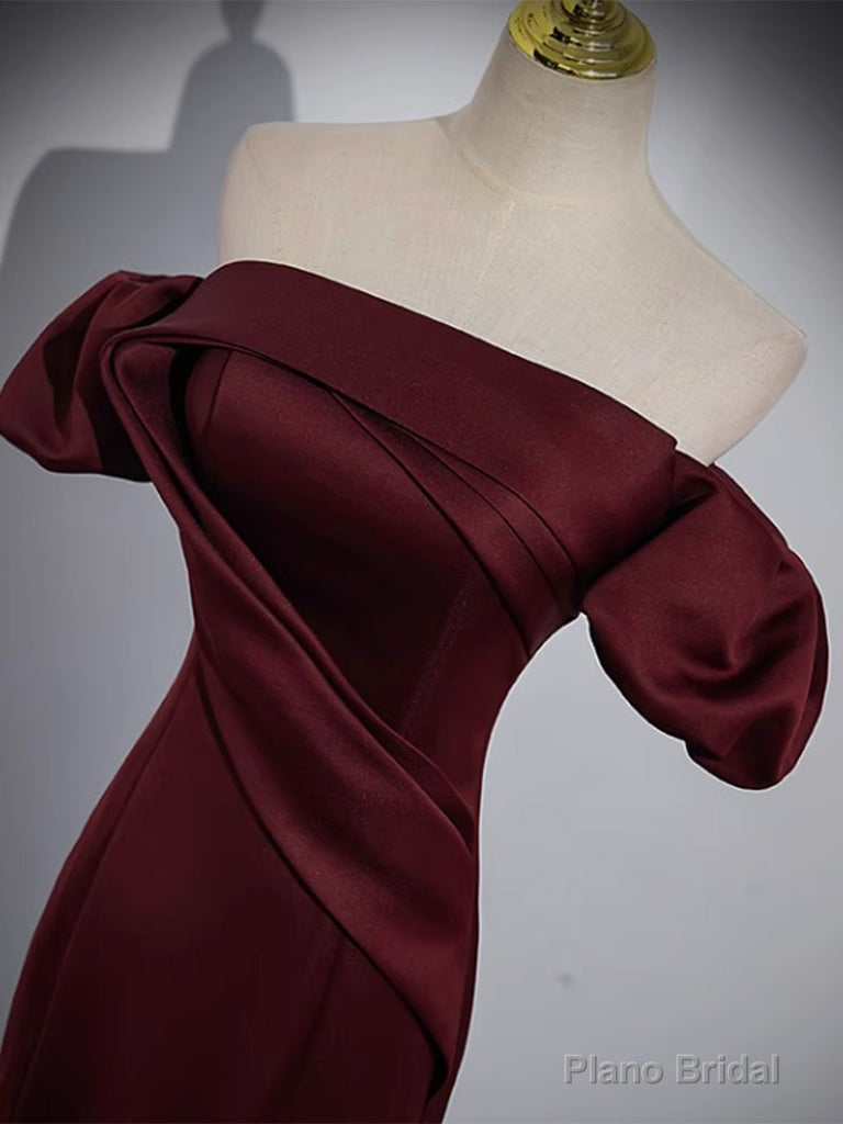 Mermaid off Shoulder Satin Burgundy Long Prom Dress, Burgundy Formal Dress Secondary image