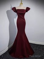 Mermaid off Shoulder Satin Burgundy Long Prom Dress, Burgundy Formal Dress