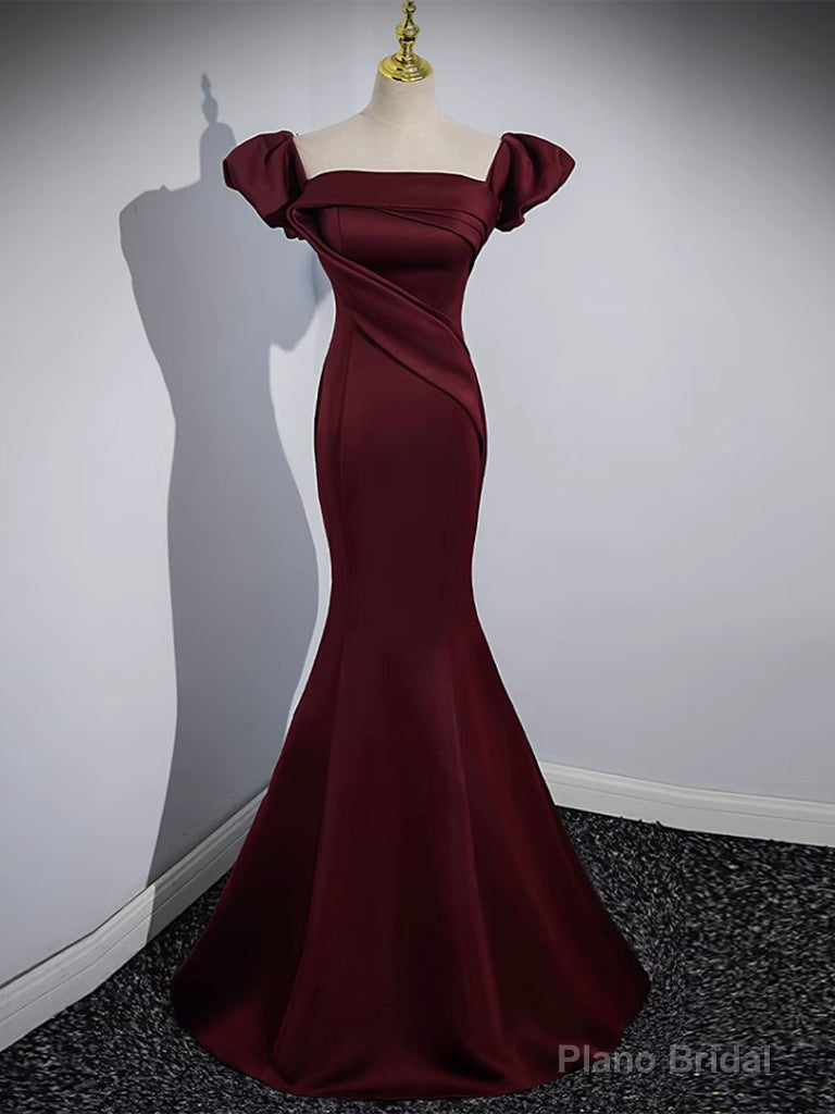 Mermaid off Shoulder Satin Burgundy Long Prom Dress, Burgundy Formal Dress