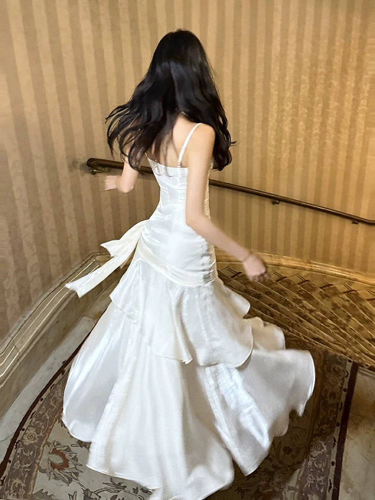 Mermaid Off Shoulder Tea Length Satin White Prom Dresses Secondary image