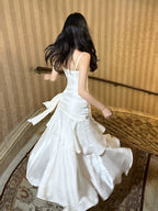 Mermaid Off Shoulder Tea Length Satin White Prom Dresses