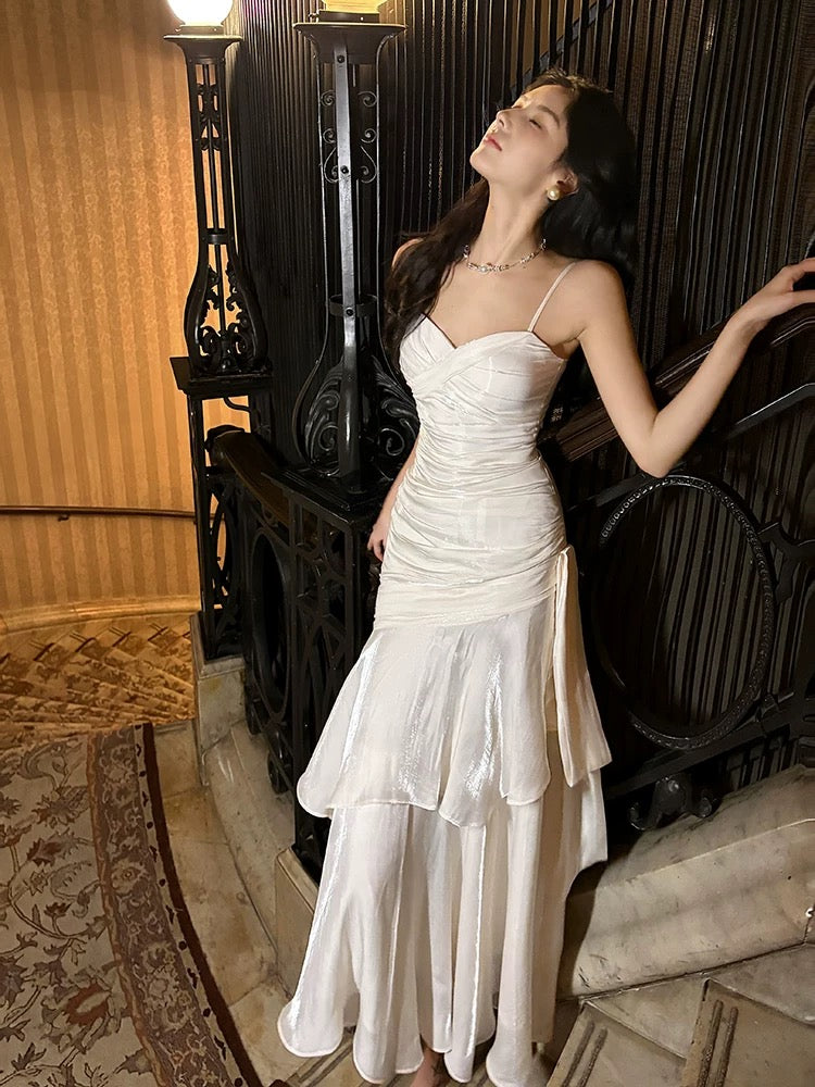 Mermaid Off Shoulder Tea Length Satin White Prom Dresses