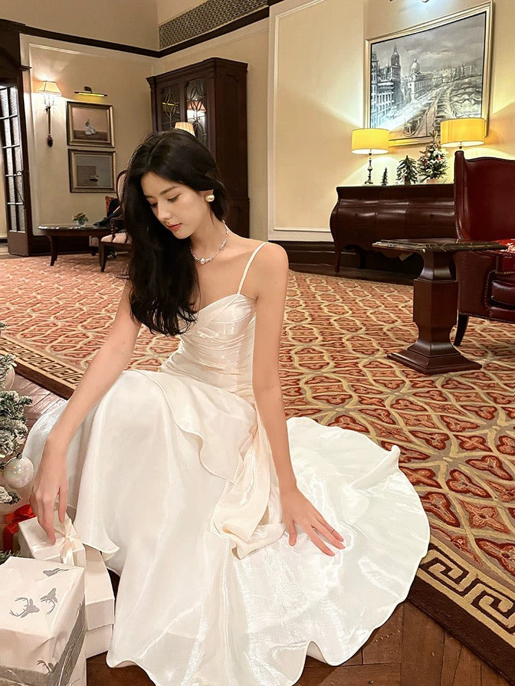 Mermaid Off Shoulder Tea Length Satin White Prom Dresses