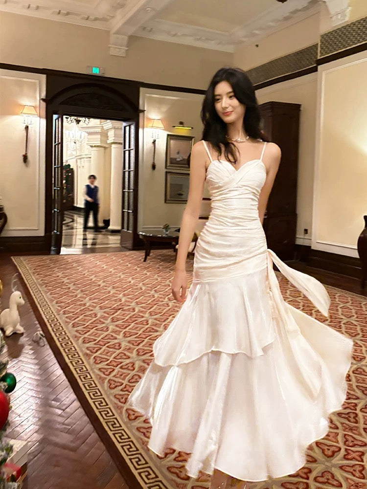 Mermaid Off Shoulder Tea Length Satin White Prom Dresses Main image