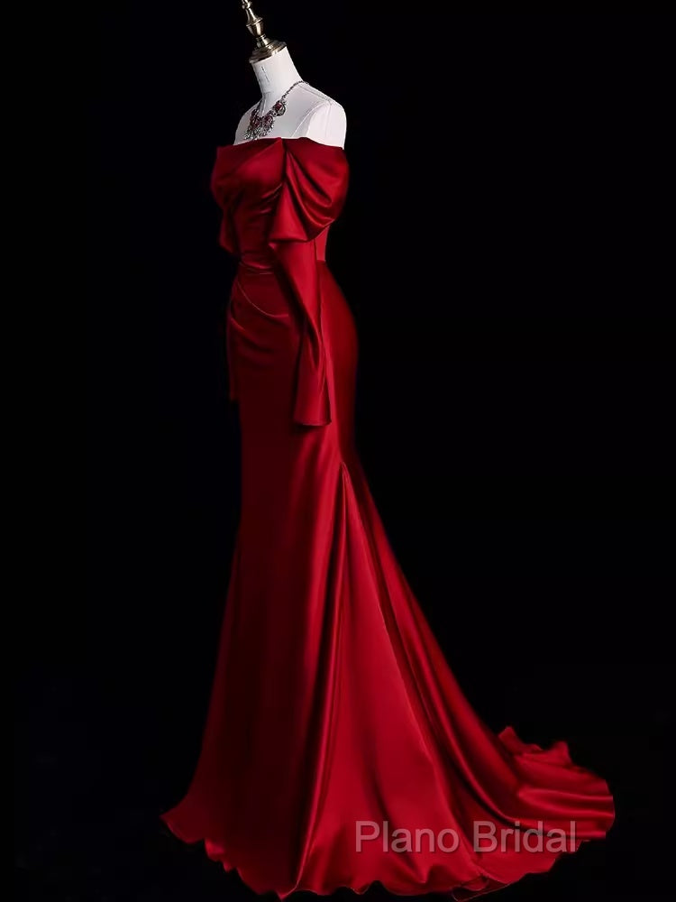 Mermaid Off The Shoulder Burgundy Long Satin Formal Prom Dresses