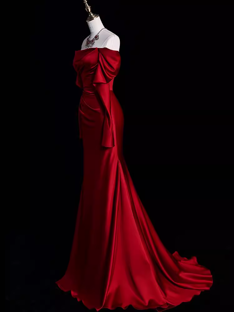 Mermaid Off The Shoulder Burgundy Long Satin Formal Prom Dresses