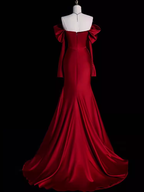 Mermaid Off The Shoulder Burgundy Long Satin Formal Prom Dresses