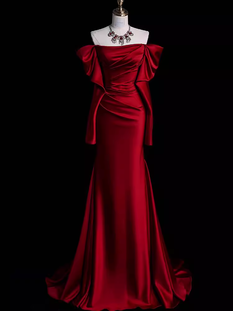 Mermaid Off The Shoulder Burgundy Long Satin Formal Prom Dresses Main image