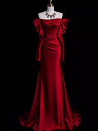 Mermaid Off The Shoulder Burgundy Long Satin Formal Prom Dresses