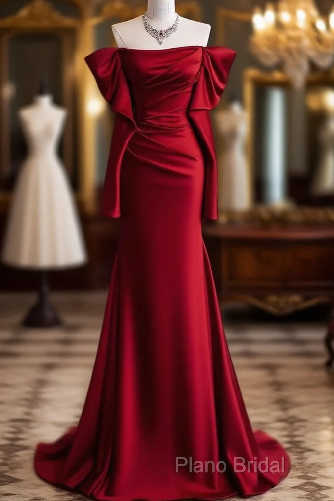 Mermaid Off The Shoulder Burgundy Long Satin Formal Prom Dresses Main image
