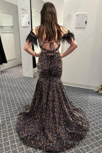 Mermaid Off the Shoulder Purple Sequins Cut Out Prom Dress with Feathers