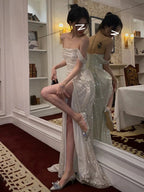 Mermaid Off The Shoulder Sequin Floor Length Formal Prom Dresses With Slit 21St Birthday Outfit