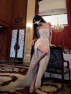 Mermaid Off The Shoulder Sequin Floor Length Formal Prom Dresses With Slit 21St Birthday Outfit