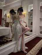 Mermaid Off The Shoulder Sequin Floor Length Formal Prom Dresses With Slit 21St Birthday Outfit