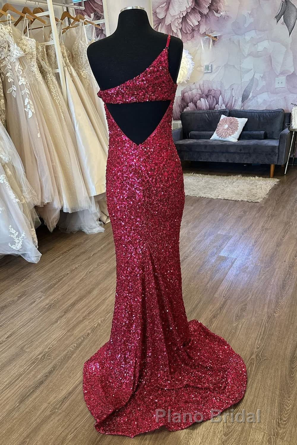 Mermaid One Shoulder Burgundy Sequins Long Formal Prom Dresses with Split Front Secondary image