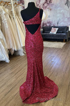 Mermaid One Shoulder Burgundy Sequins Long Formal Prom Dresses with Split Front