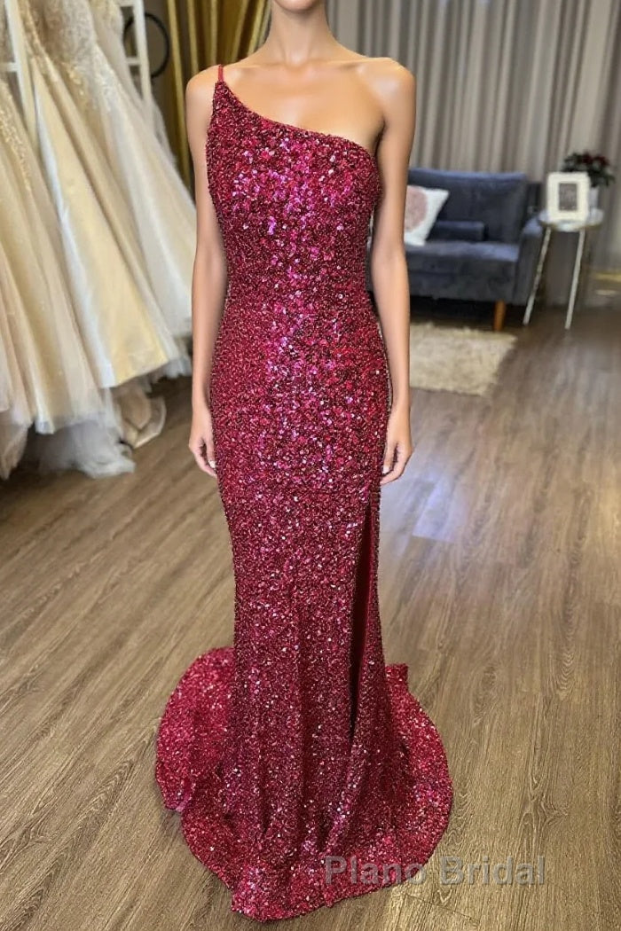 Mermaid One Shoulder Burgundy Sequins Long Formal Prom Dresses with Split Front