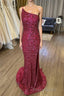 Mermaid One Shoulder Burgundy Sequins Long Formal Prom Dresses with Split Front