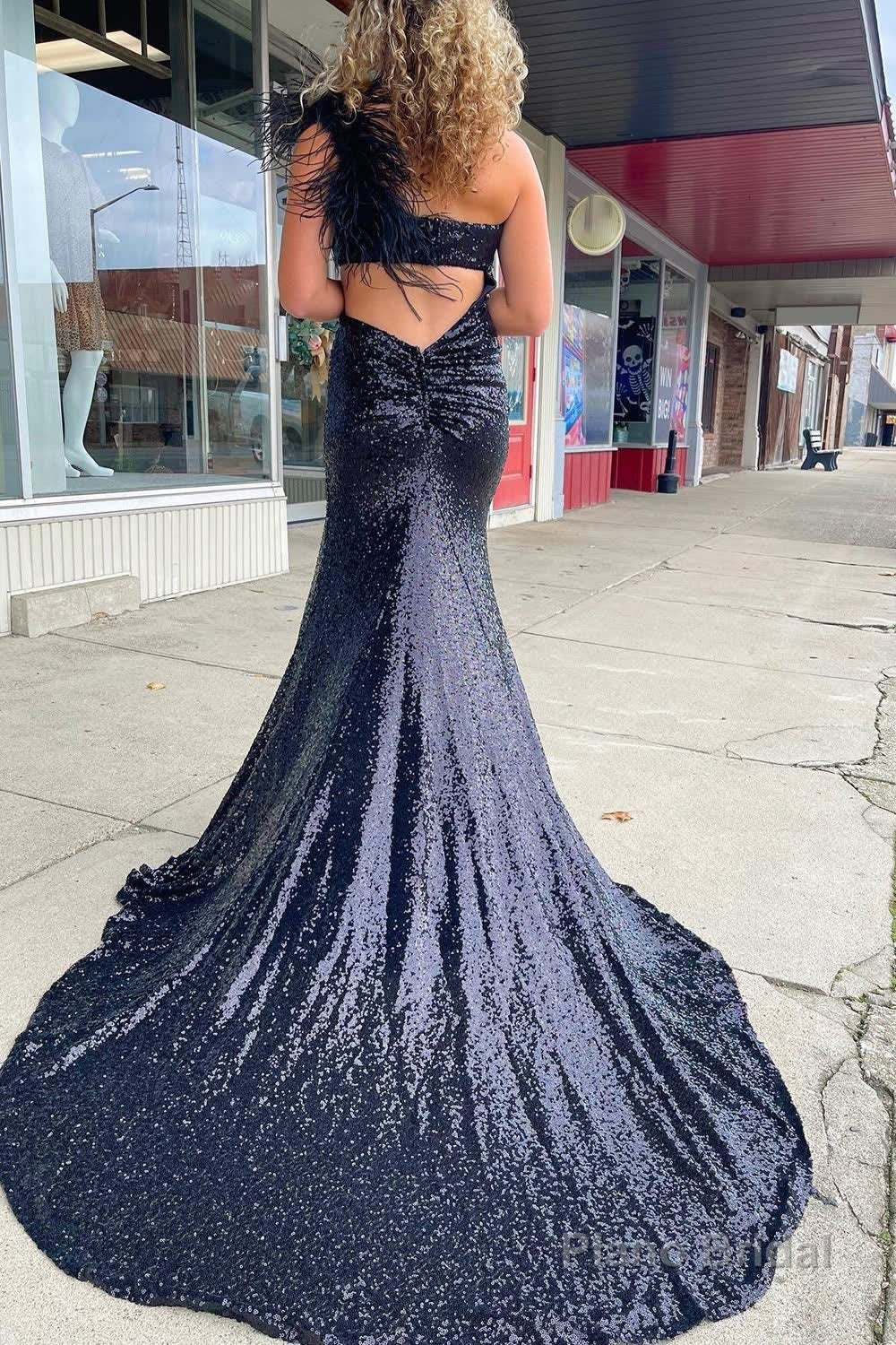 Mermaid One Shoulder Cut Out Black Sequins Long Prom Dress Secondary image