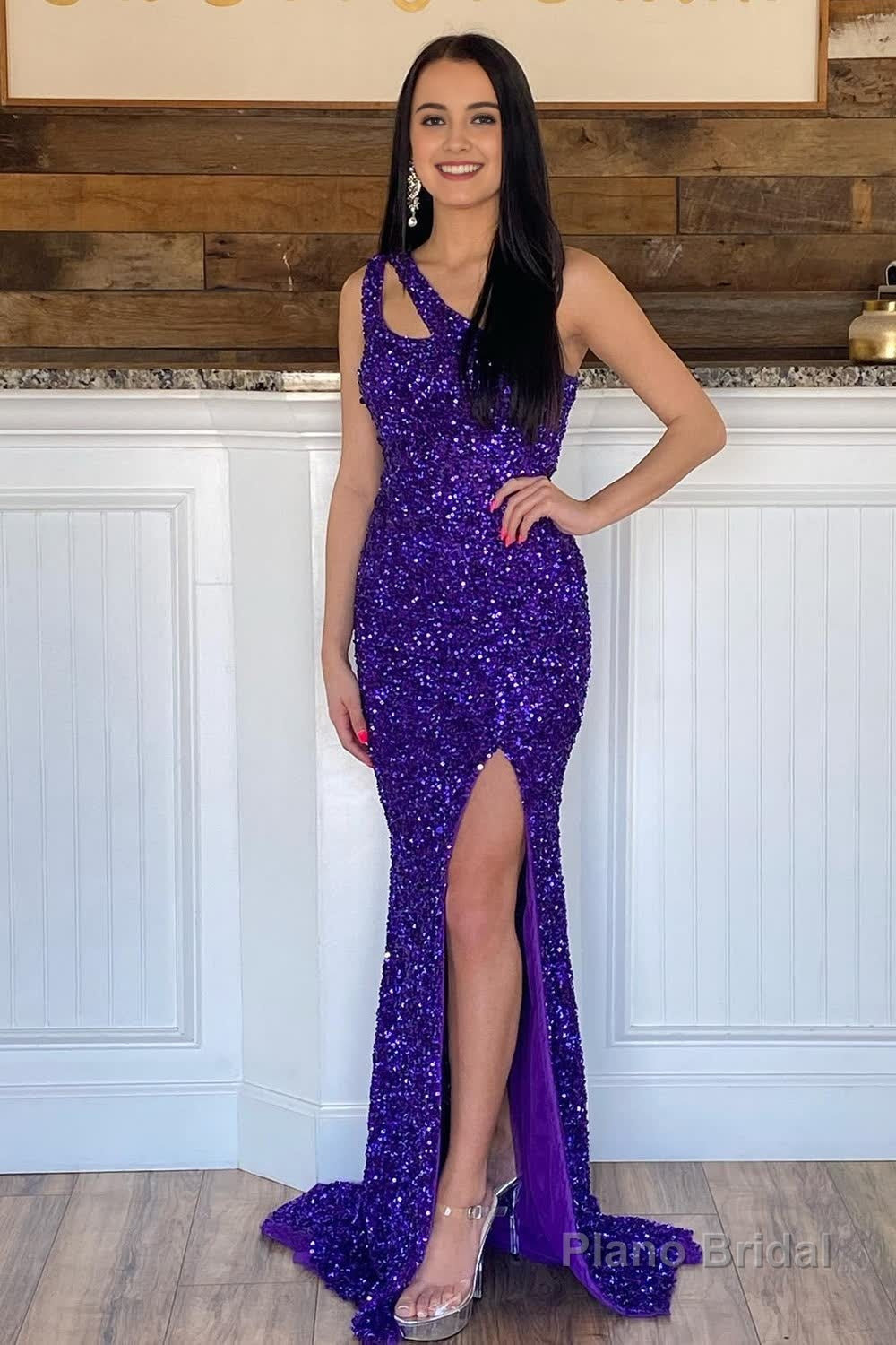 Mermaid One Shoulder Dark Purple Sequins Long Prom Dress Main image