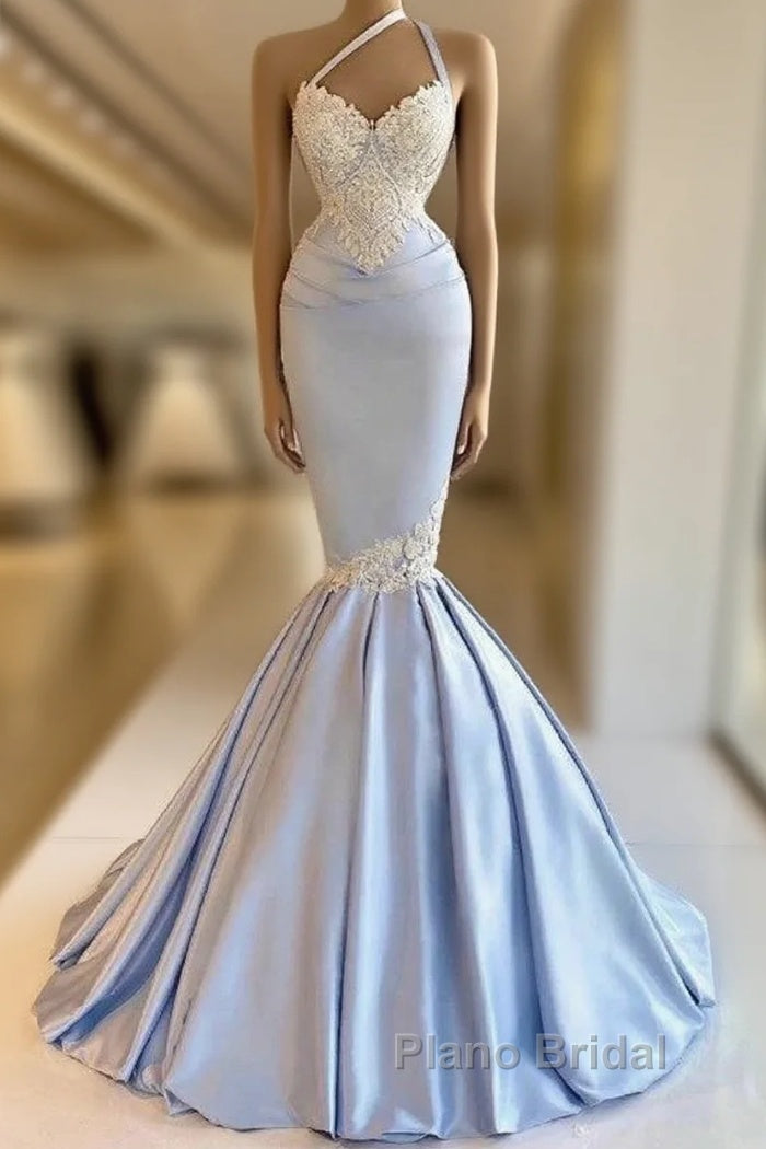 Mermaid One Shoulder Satin Beaded Long Formal Prom Dresses Sequin Appliqu Evening Dresses
