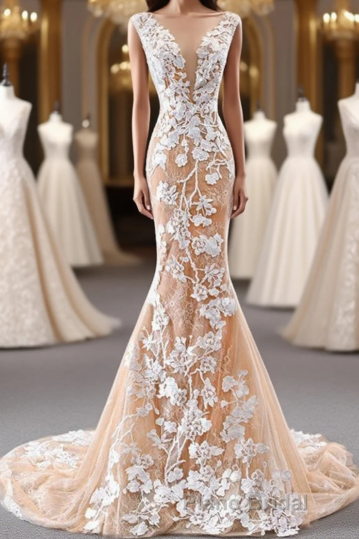 Mermaid Open Back Champagne Lace Long Formal Prom Dresses, Champagne Lace Formal Dresses, Champagne Evening Dresses