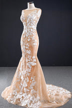 Mermaid Open Back Champagne Lace Long Formal Prom Dresses, Champagne Lace Formal Dresses, Champagne Evening Dresses